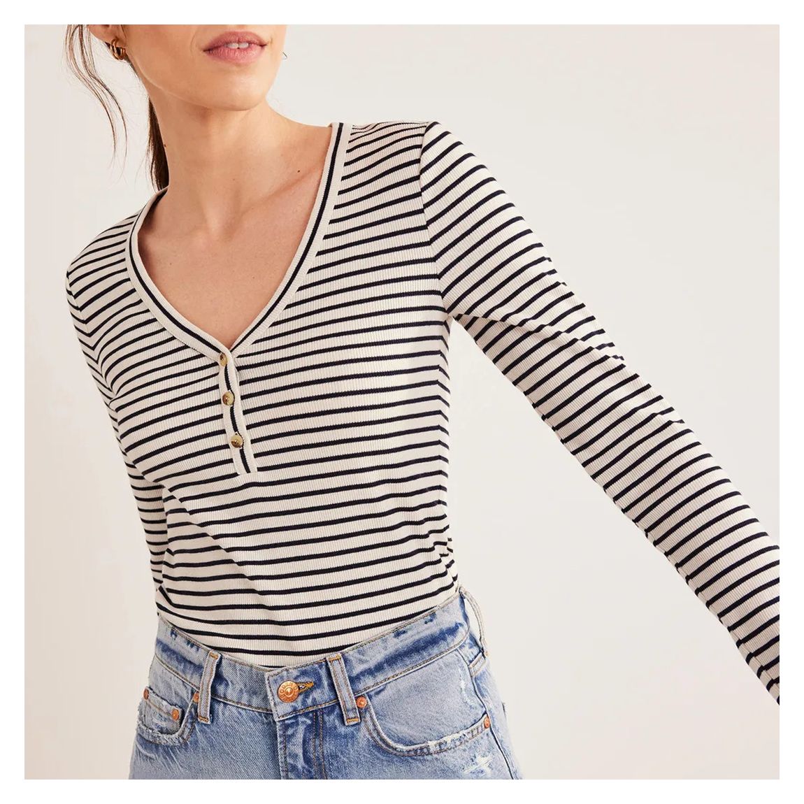 Black/White Stripe Ribbed Fitted Henley main product photo