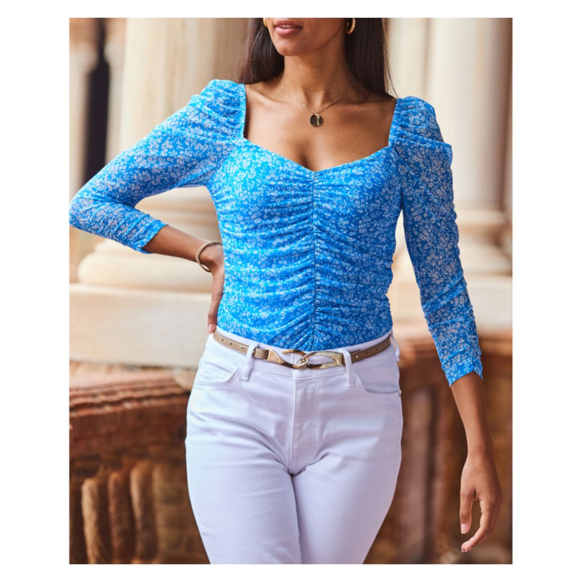 Blue Floral Print Ruched Front Mesh Top main product photo