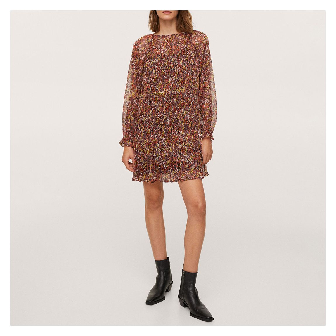 Brown Floral Mini Dress With Ruffles main product photo