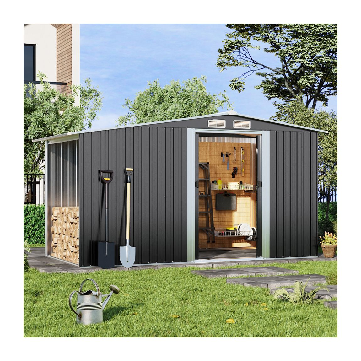 Small Grey Garden Galvanised Storage Shed with Extra Log Store main product photo
