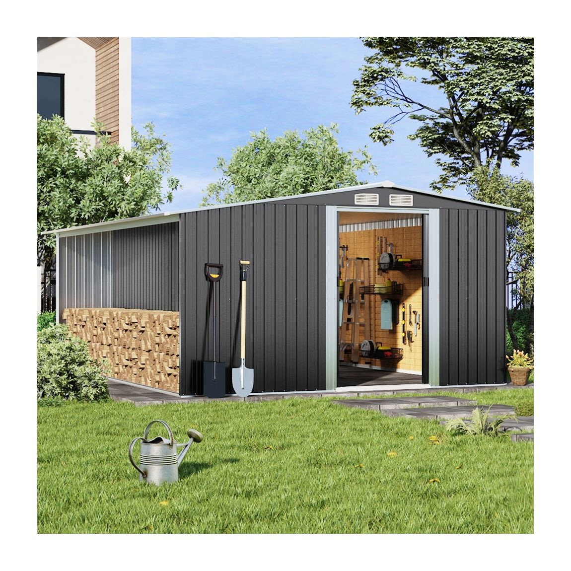 Extra Large Black Garden Galvanised Storage Shed with Extra Log Store main product photo