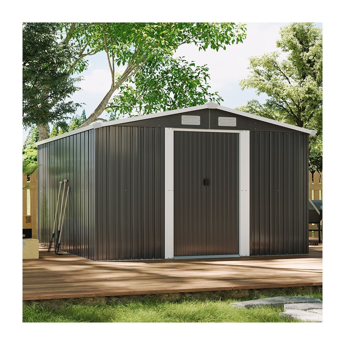 12x10FT Super Large Black Garden Galvanised Shed with Gabled Roof Top main product photo
