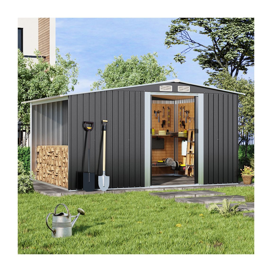 Medium Black Garden Galvanised Storage Shed with Extra Log Store main product photo