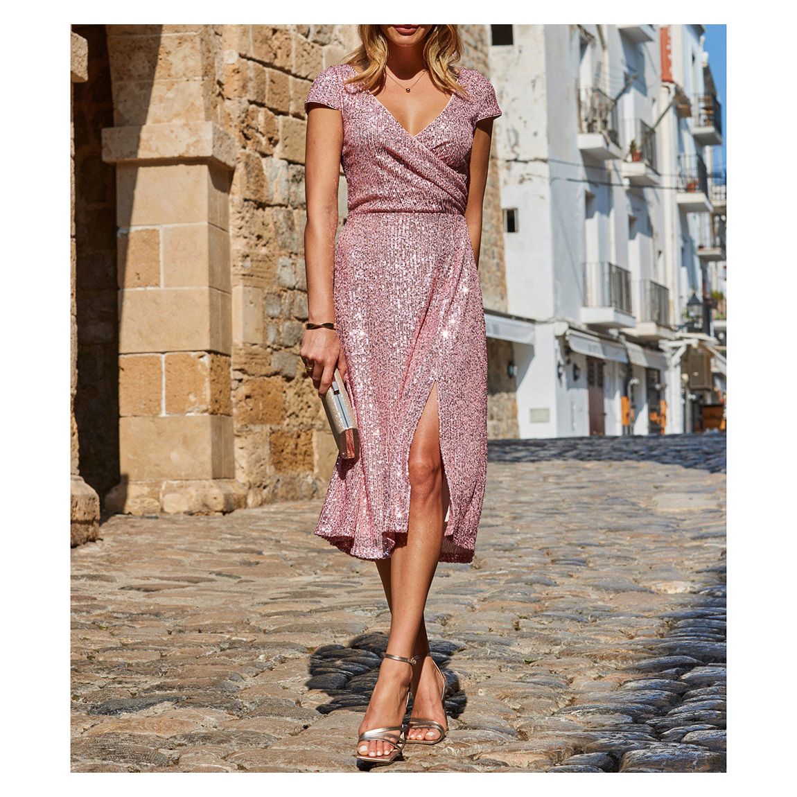 Pink Sequin Wrap Front Dress main product photo