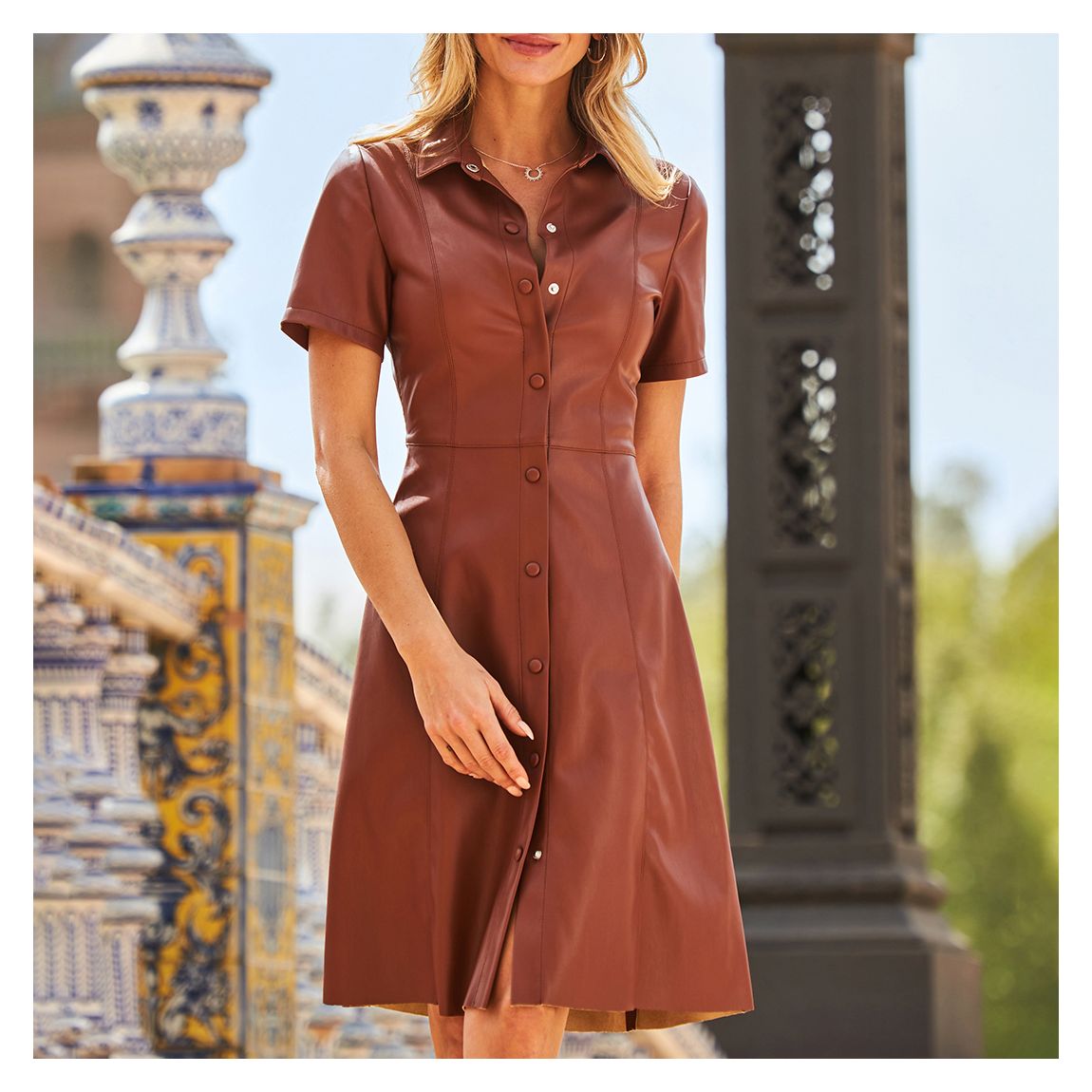 Tan Faux Leather Fit & Flare Shirt Dress main product photo