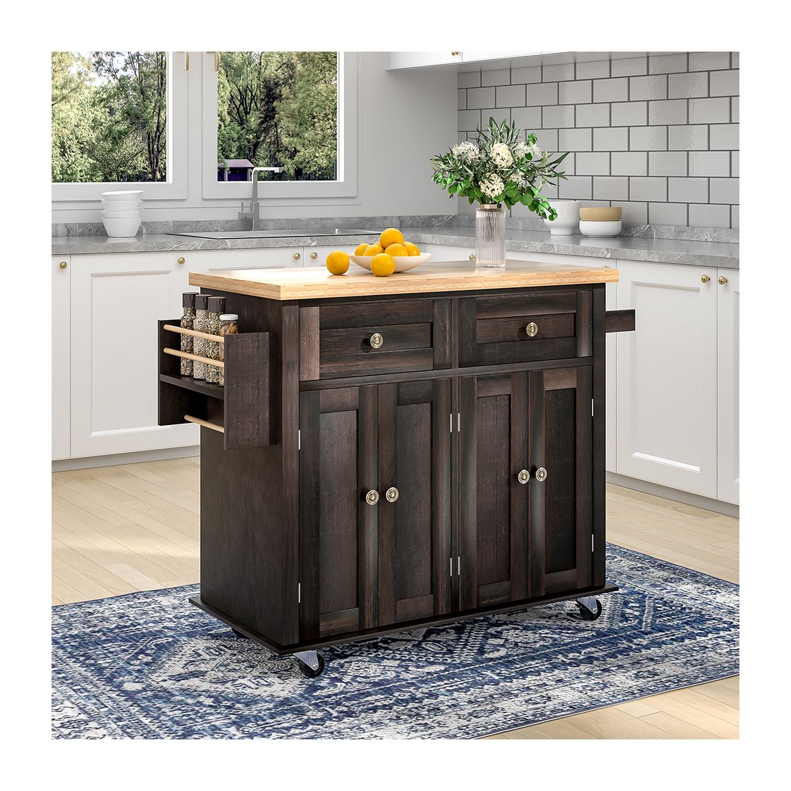 Large White Serving Kitchen Island on Wheels main product photo