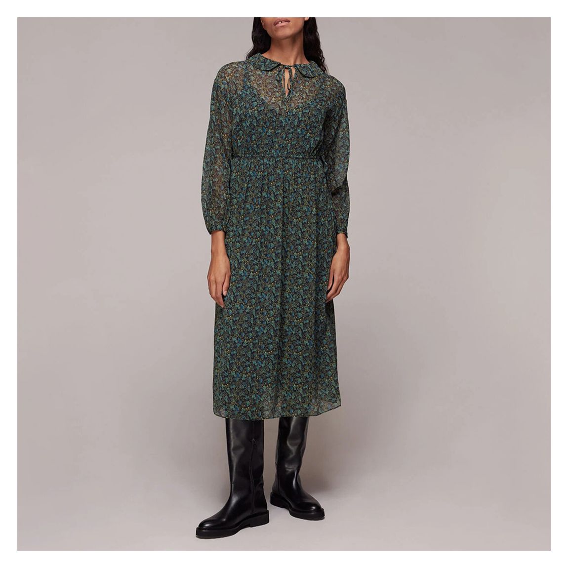 Green Floral Print Tie Neck Midi Dress main product photo