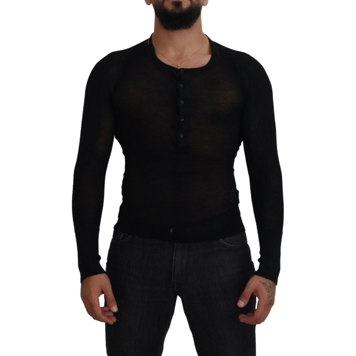 Henley Neck Knit Sweater Long Sleeve - Black main product photo