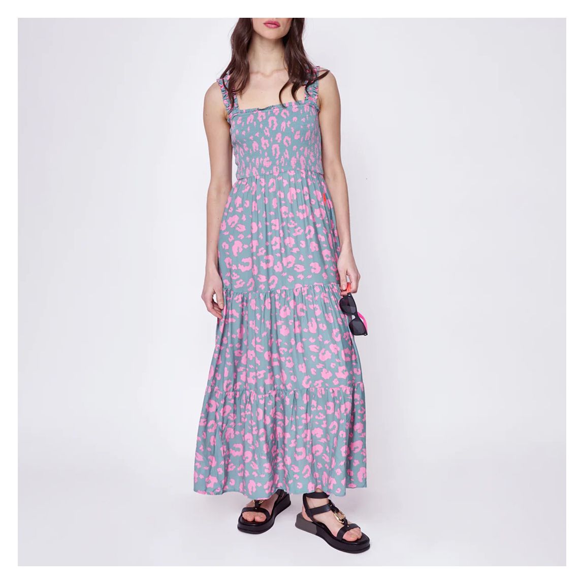 Khaki/Pink Leopard Print Strappy Midi Dress main product photo