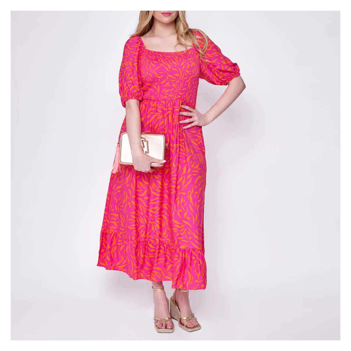 Pink Zebra Print Square Neck Midi Dress main product photo