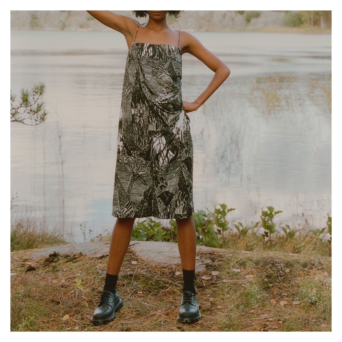 Black Printed Linen Blend Mini Dress main product photo