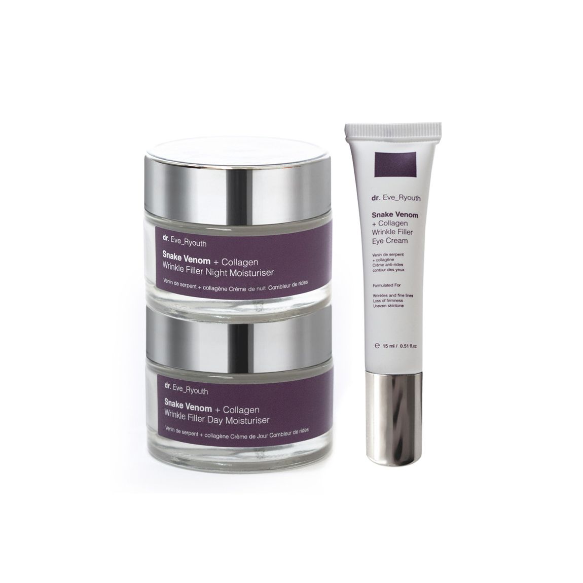 Snake Venom + Collagen Wrinkle Filler Day Moisturiser 50ml + Snake Venom + Collagen Wrinkle Filler Night Moisturiser 50ml + Snake Venom + Collagen Wrinkle Filler Eye Cream 15 main product photo