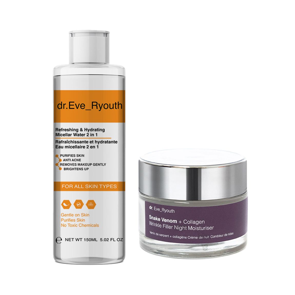 Refreshing and Hydrating Micellar Water 2 in 1 150ML + Snake Venom + Collagen Wrinkle Filler Night Moisturiser 50ml main product photo