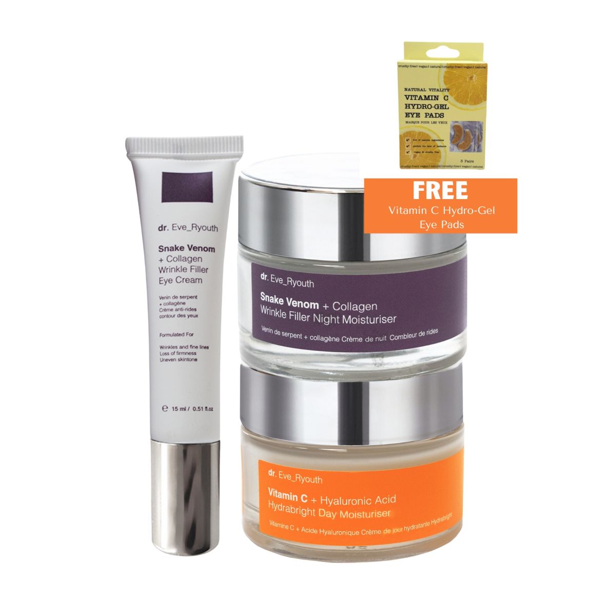Vitamin C + Hyaluronic Acid Hydra bright Day Moisturizer 50ml + Snake Venom + Collagen Wrinkle Filler Night Moisturizer 50ml + Snake Venom + Collagen Wrinkle Filler Eye Cream 15ml ( BFG ) main product photo