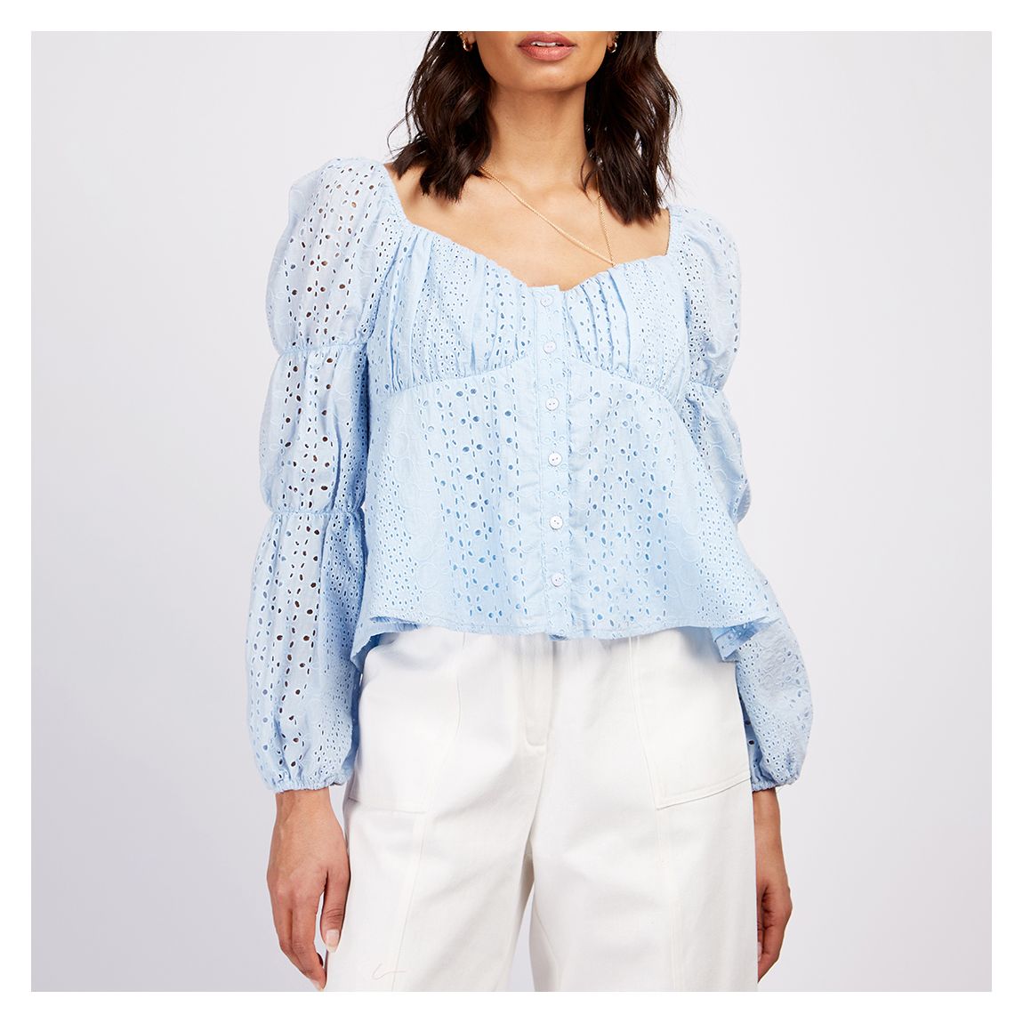 Blue Broderie Cotton Milkmaid Top main product photo
