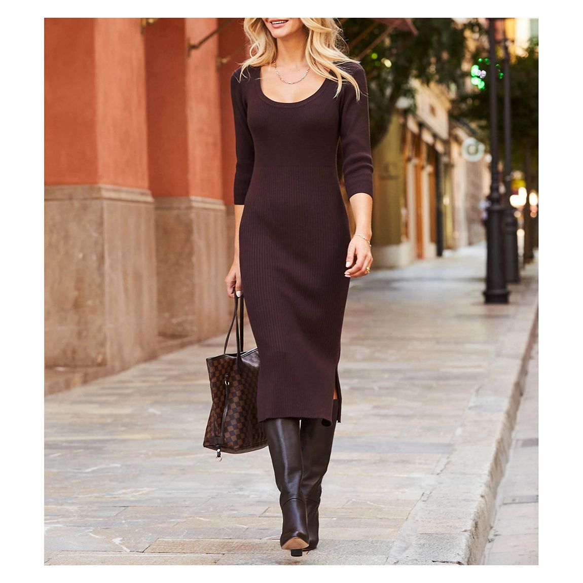 Chocolate Brown Knitted Scoop Neck Midi Dress main product photo