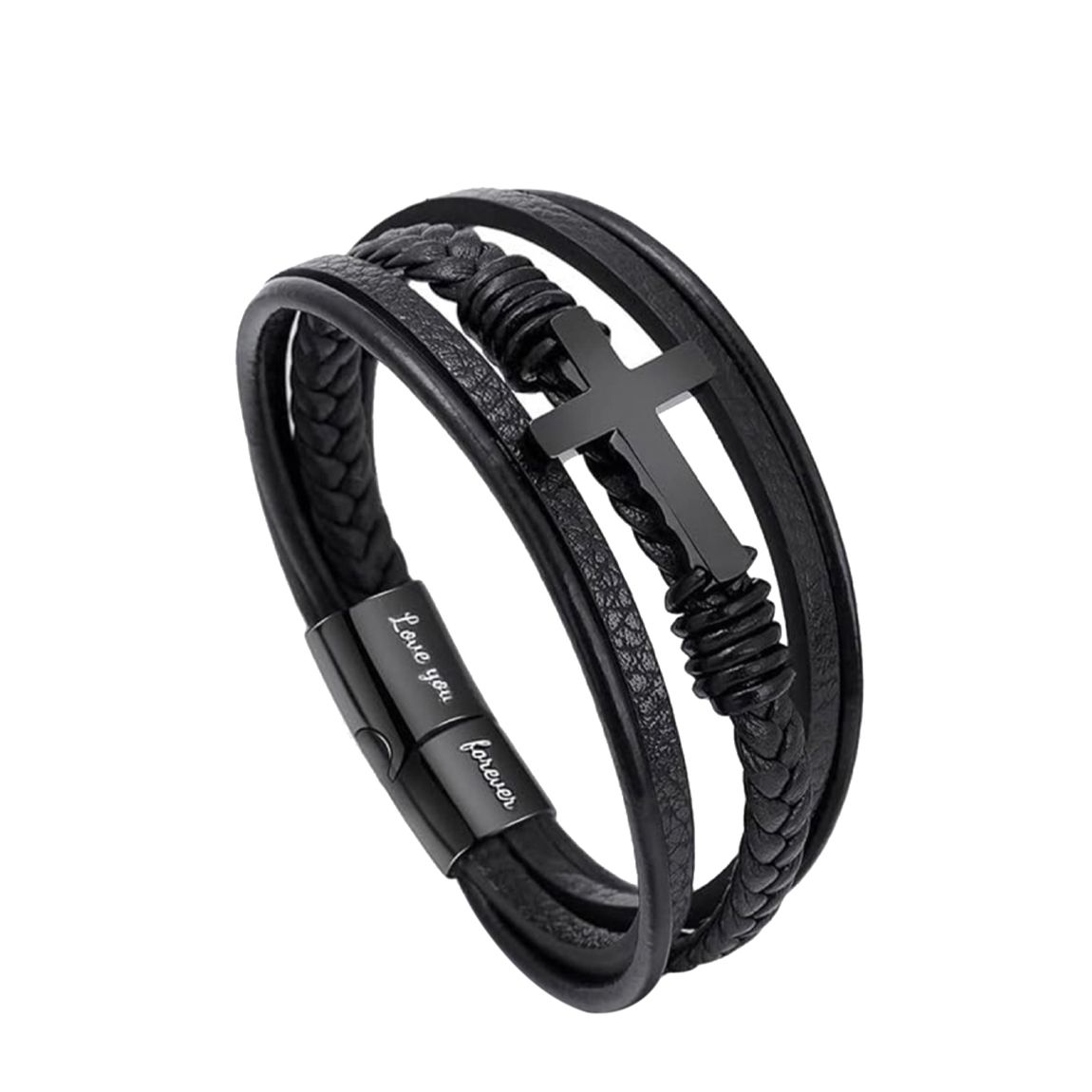 Black Plated Cross Leather Inspirational Bracelet main product photo