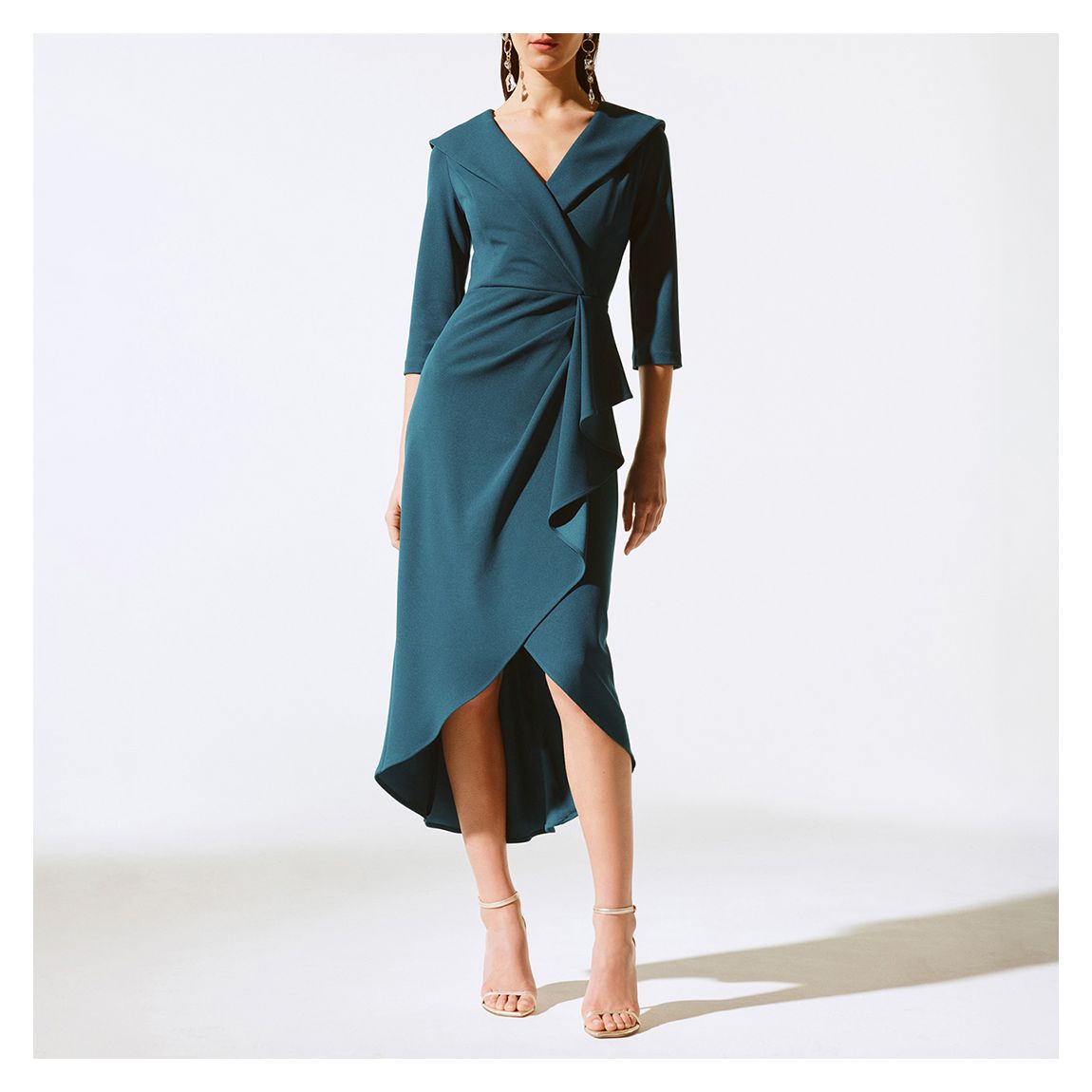 Teal Foldover Wrap Ruffle Midi Dress main product photo
