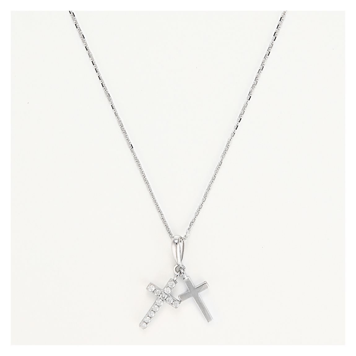 Silver Double Cross Diamond Pendant Necklace main product photo