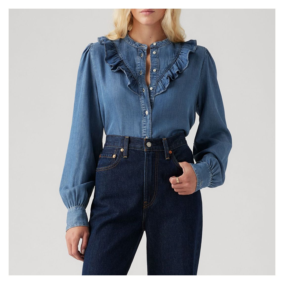 Blue Carinna Frill Denim Blouse main product photo