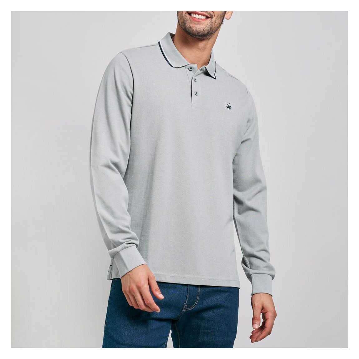 Grey Tipped Long Sleeve Polo Shirt main product photo