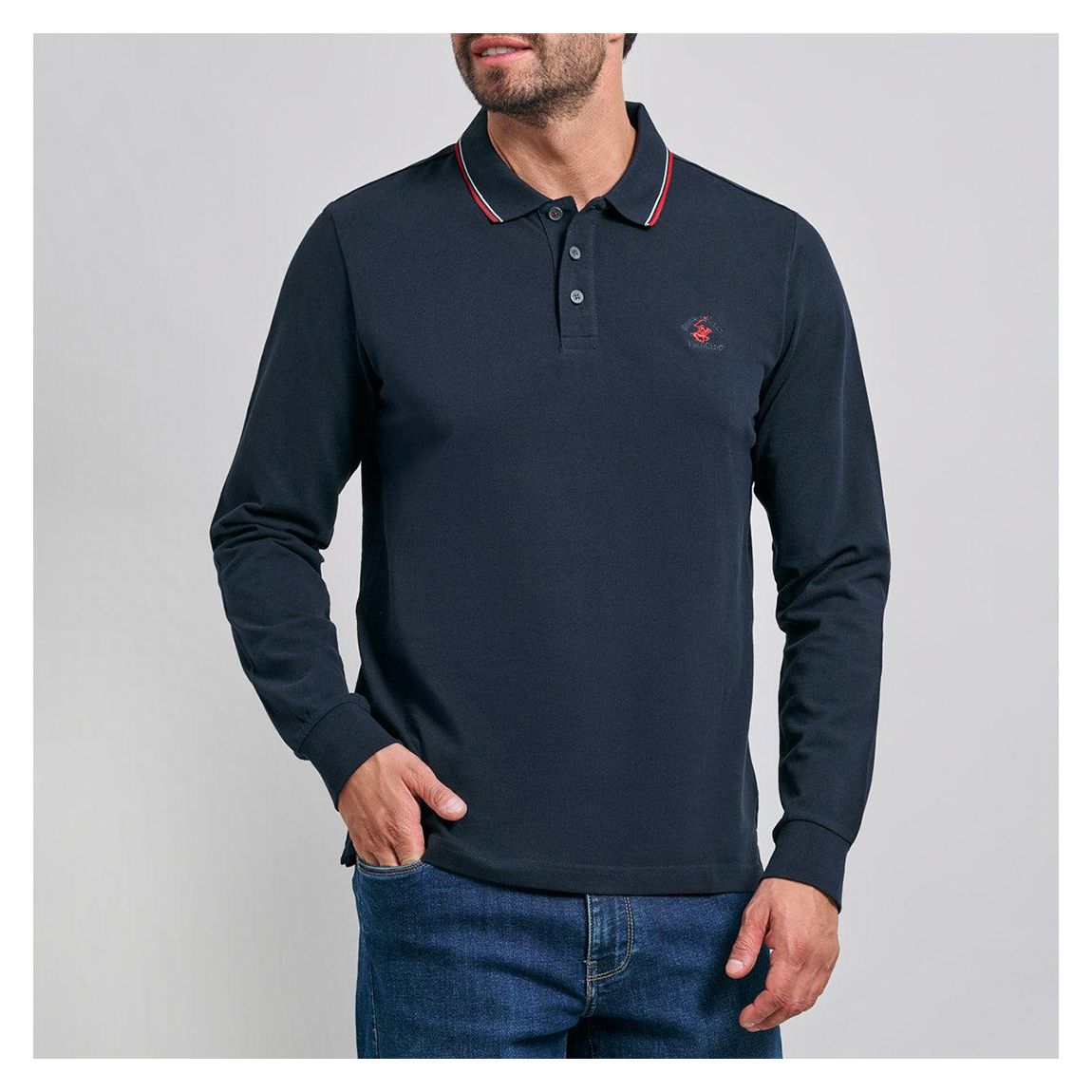 Navy Tipped Long Sleeve Polo Shirt main product photo
