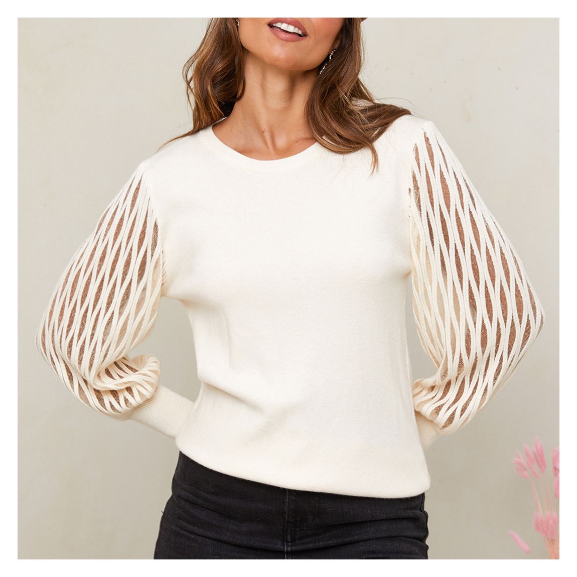 Ivory Cashmere Blend Net Sleeve Jumper main product photo