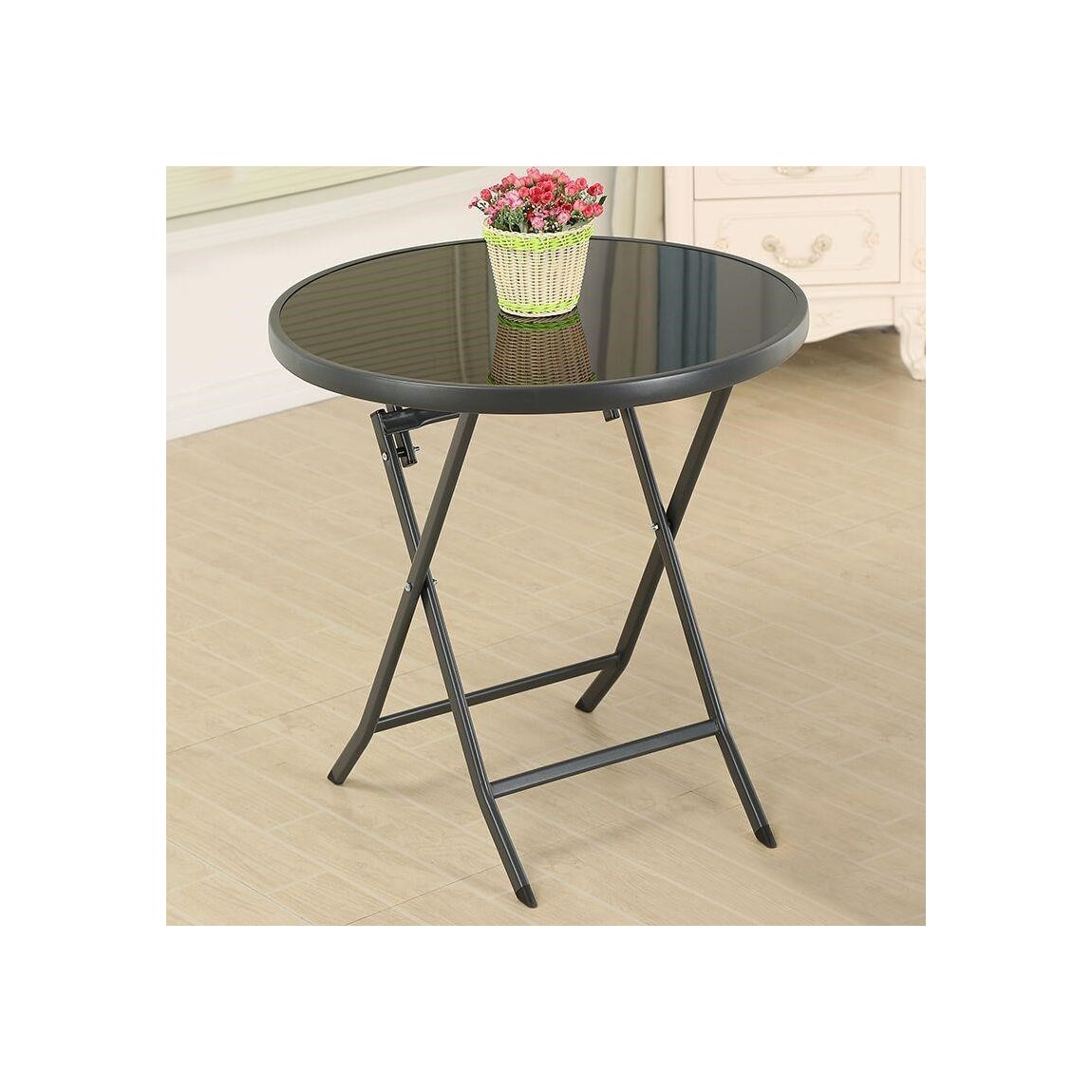 Glass Foldable Metal Table with Fabric Foldable Chairs Set of 4 main product photo