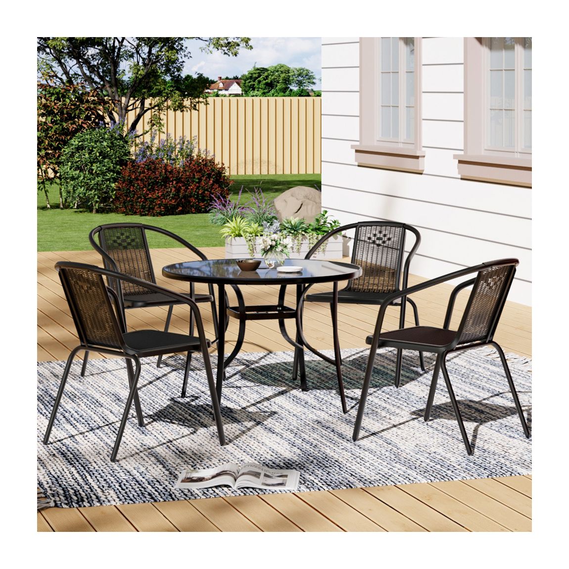 Tempered Glass Garden Table with 4 Set Rattan Garden Chairs main product photo