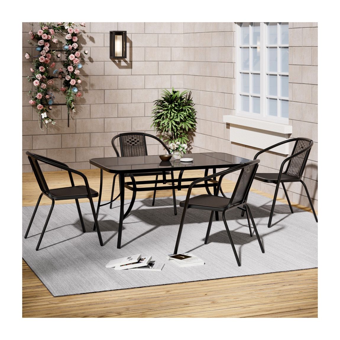 Tempered Glass Garden Table with Rattan Garden Chairs Set of 4 main product photo