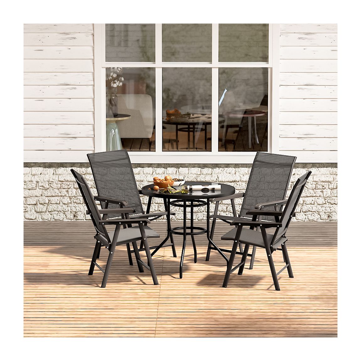 Tempered Glass Garden Table with Fabric Foldable Chairs Set of 4 main product photo