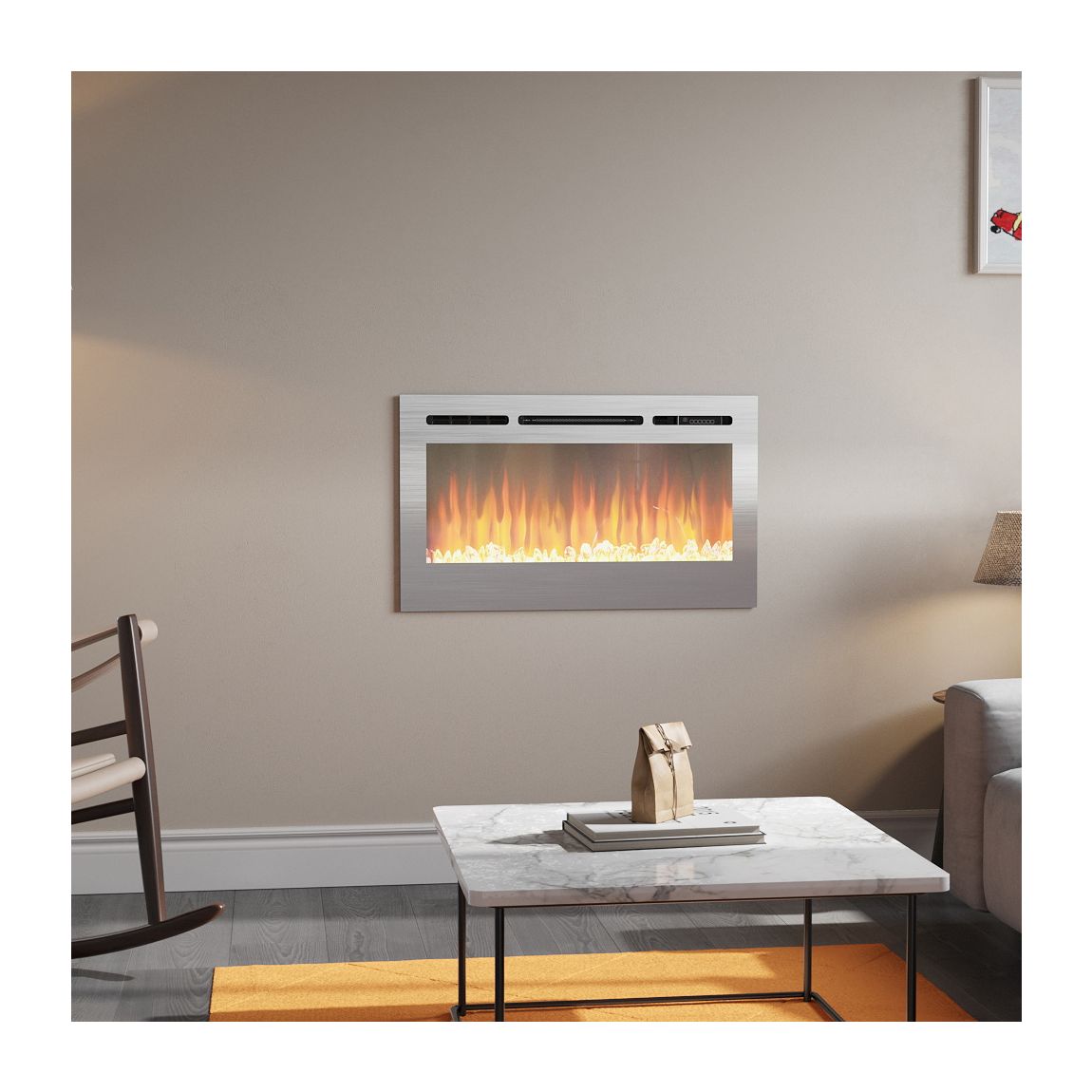 Linear Electric Fireplace Recessed in Chrome main product photo