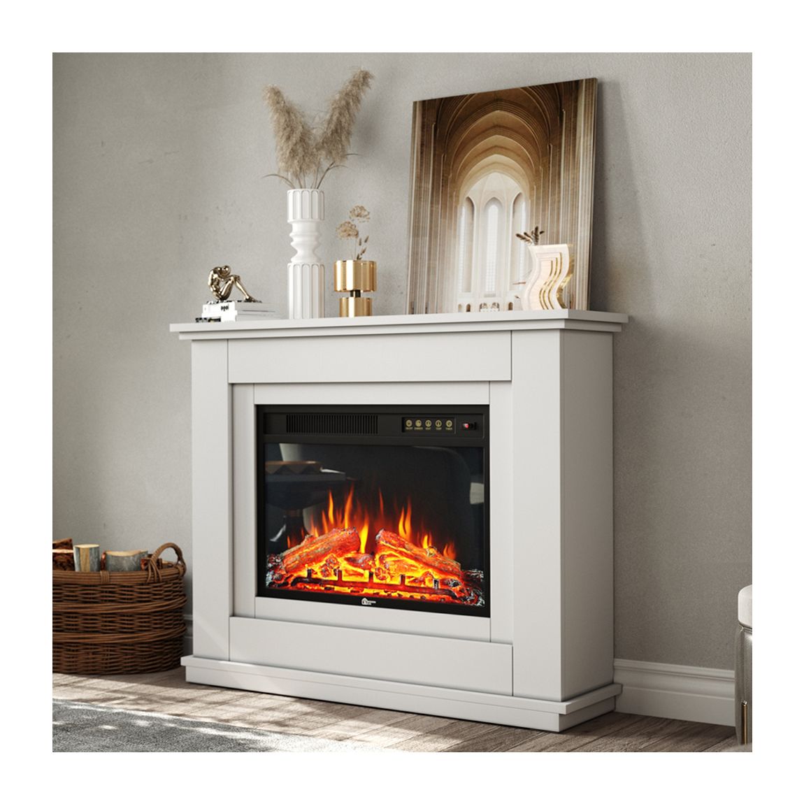 Electric Fireplace with White Wooden Mantel main product photo
