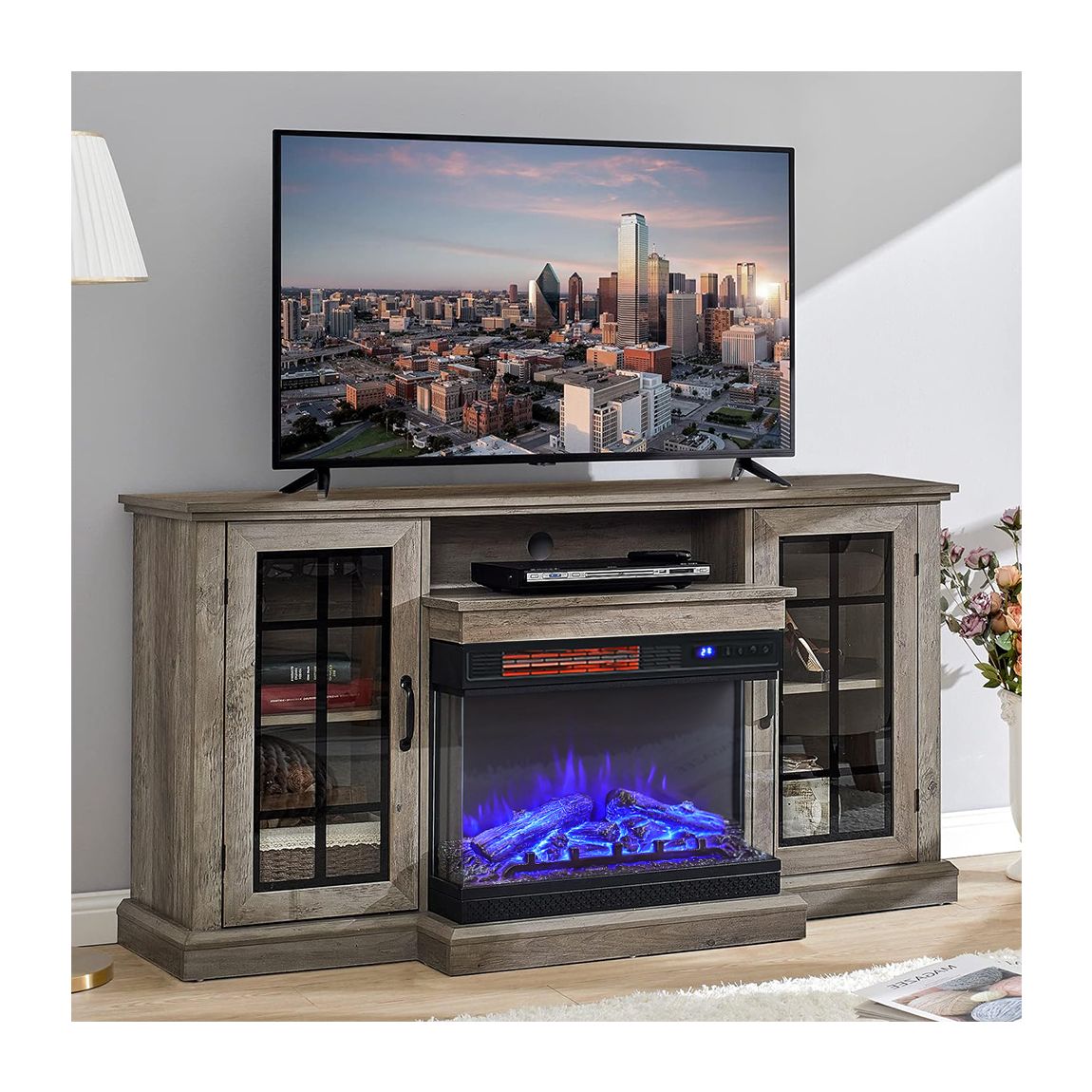 3-Sided Electric Fireplace TV Stand with Glass Door Closed Storage main product photo