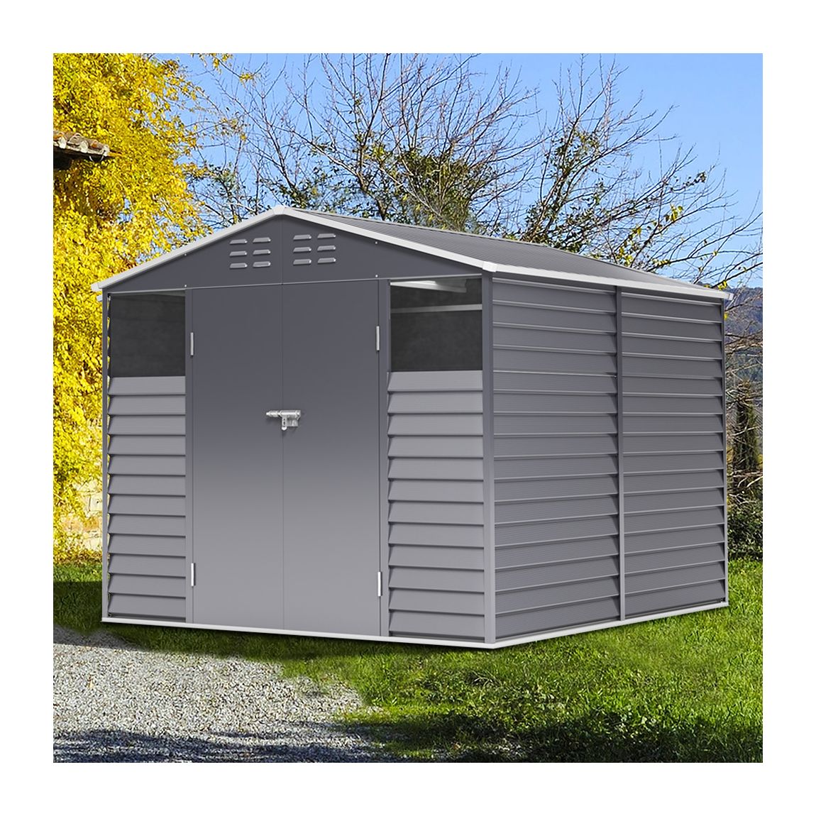 Charcoal Black Outdoor Metal Storage Shed with Windows main product photo
