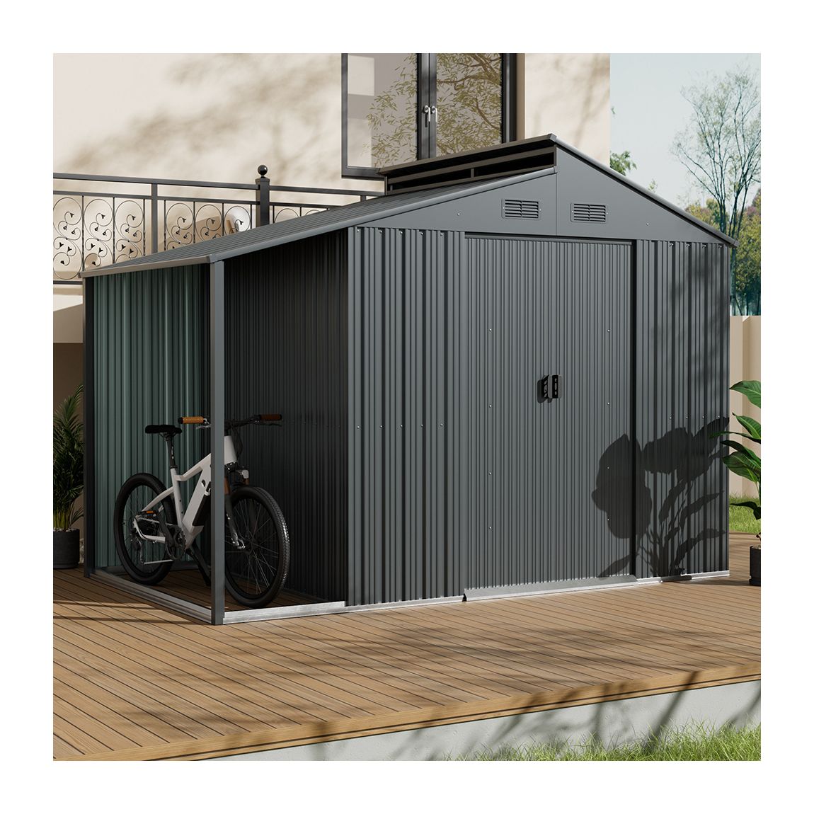 Grey Outdoor Galvanized Steel Storage Shed with Side Awning main product photo