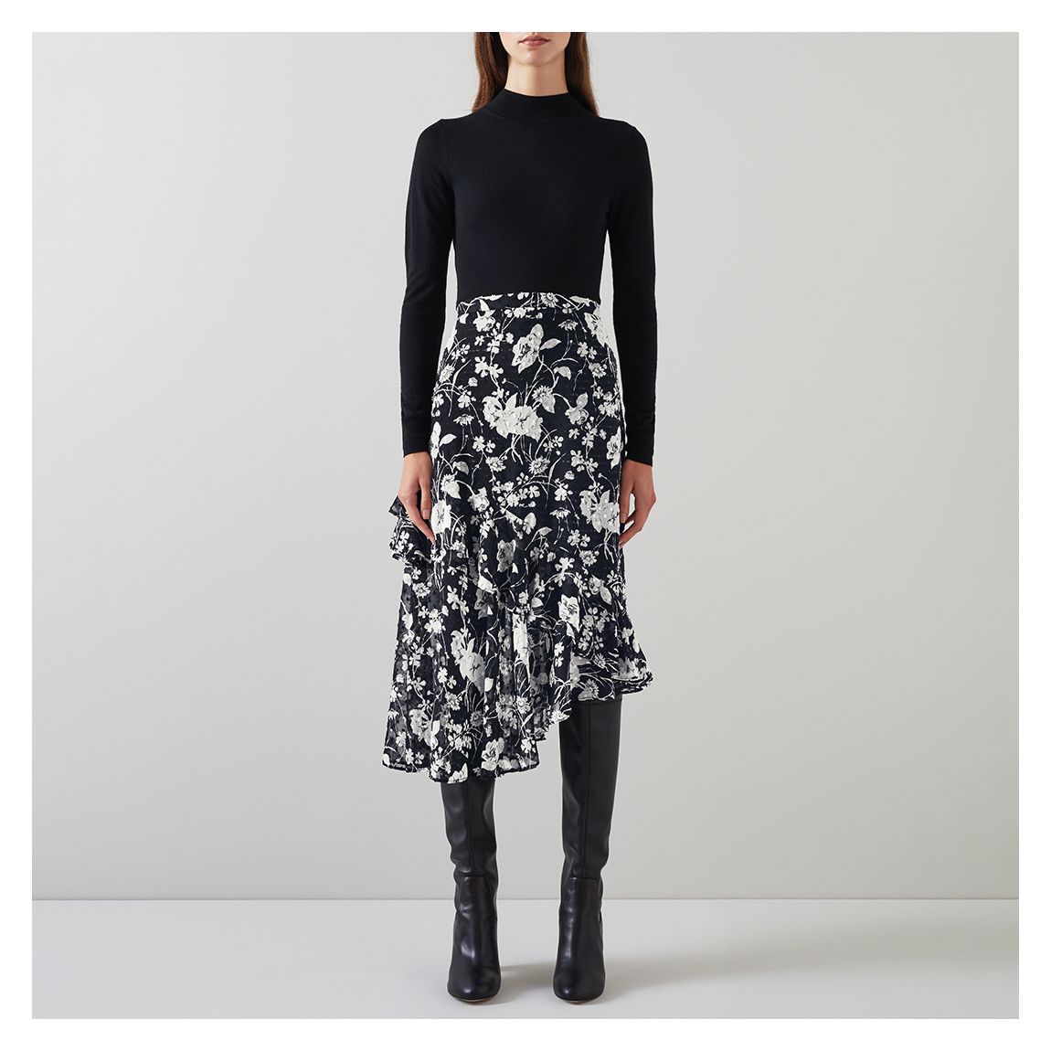Black/White Printed Ruffle Midi Skirt main product photo