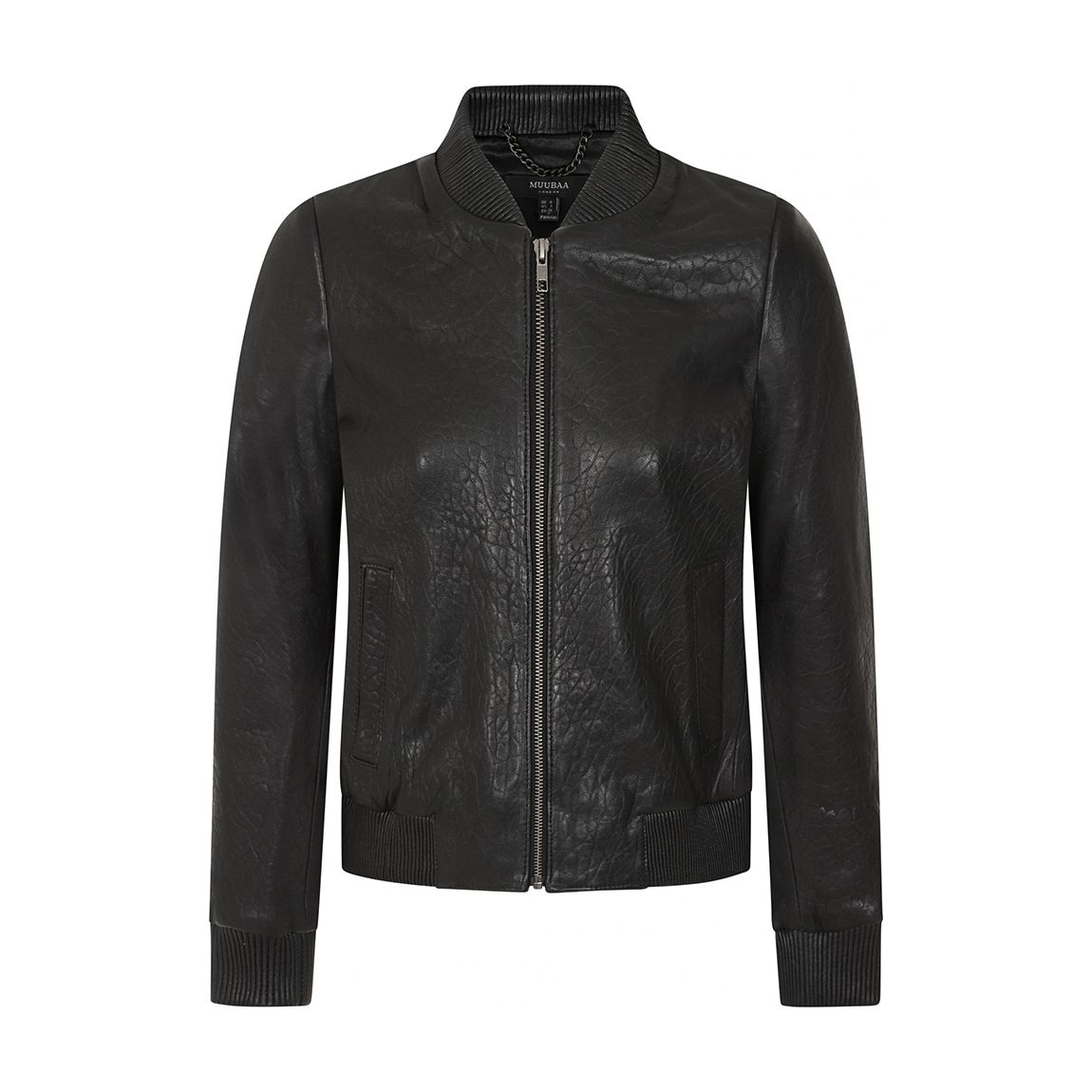 Black Textured Leather Bomber Jacket main product photo