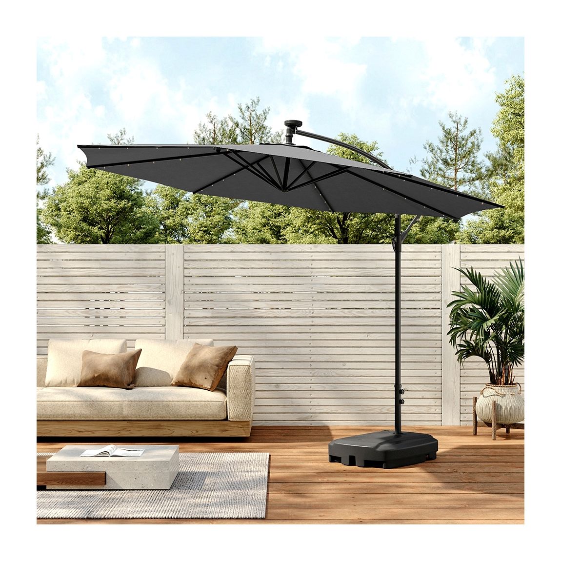 Outdoor 32 LED Lighted Patio Umbrella with Crank Lift System with Base - Grey main product photo