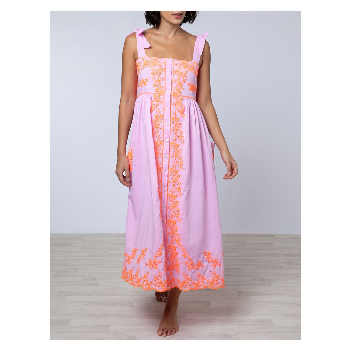 Cotton Tie Shoulder Dress With Lotus Hand Embroidery main product photo