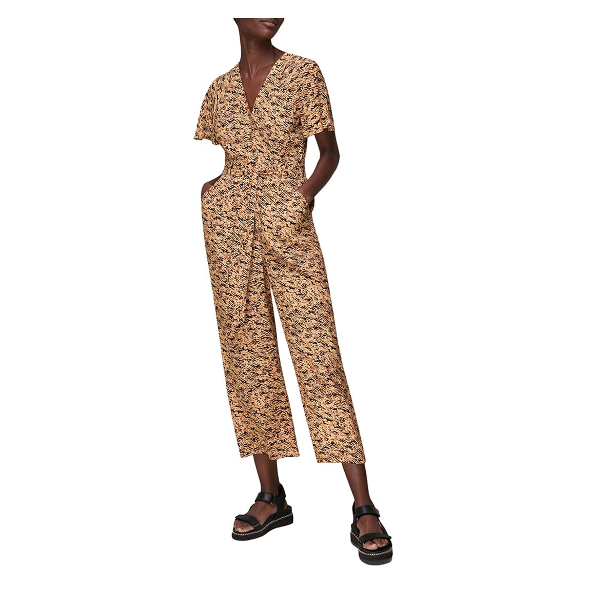 Tan Bark Print Tie Waist Jumpsuit main product photo