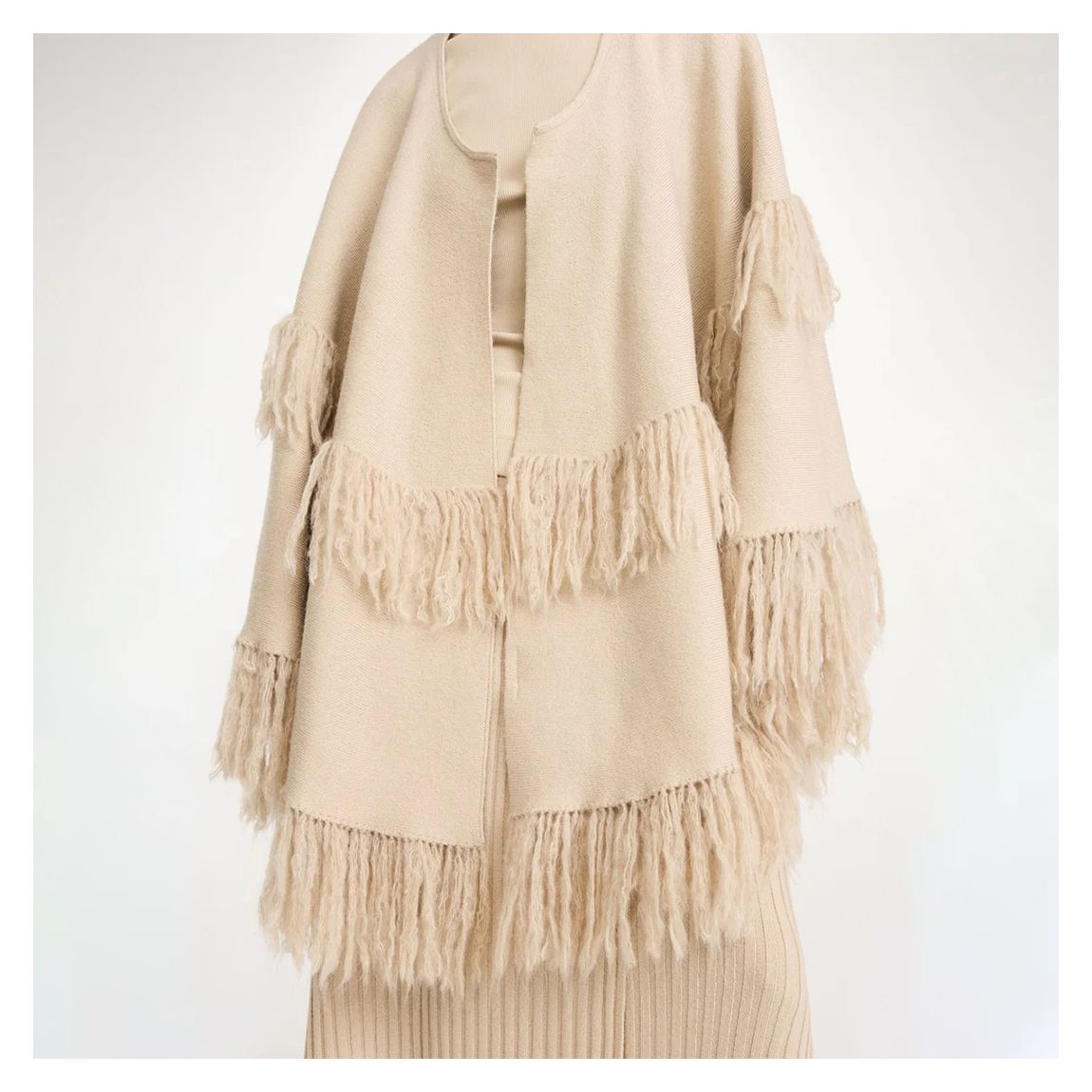 Ecru Wool Dixi Tassel Poncho main product photo