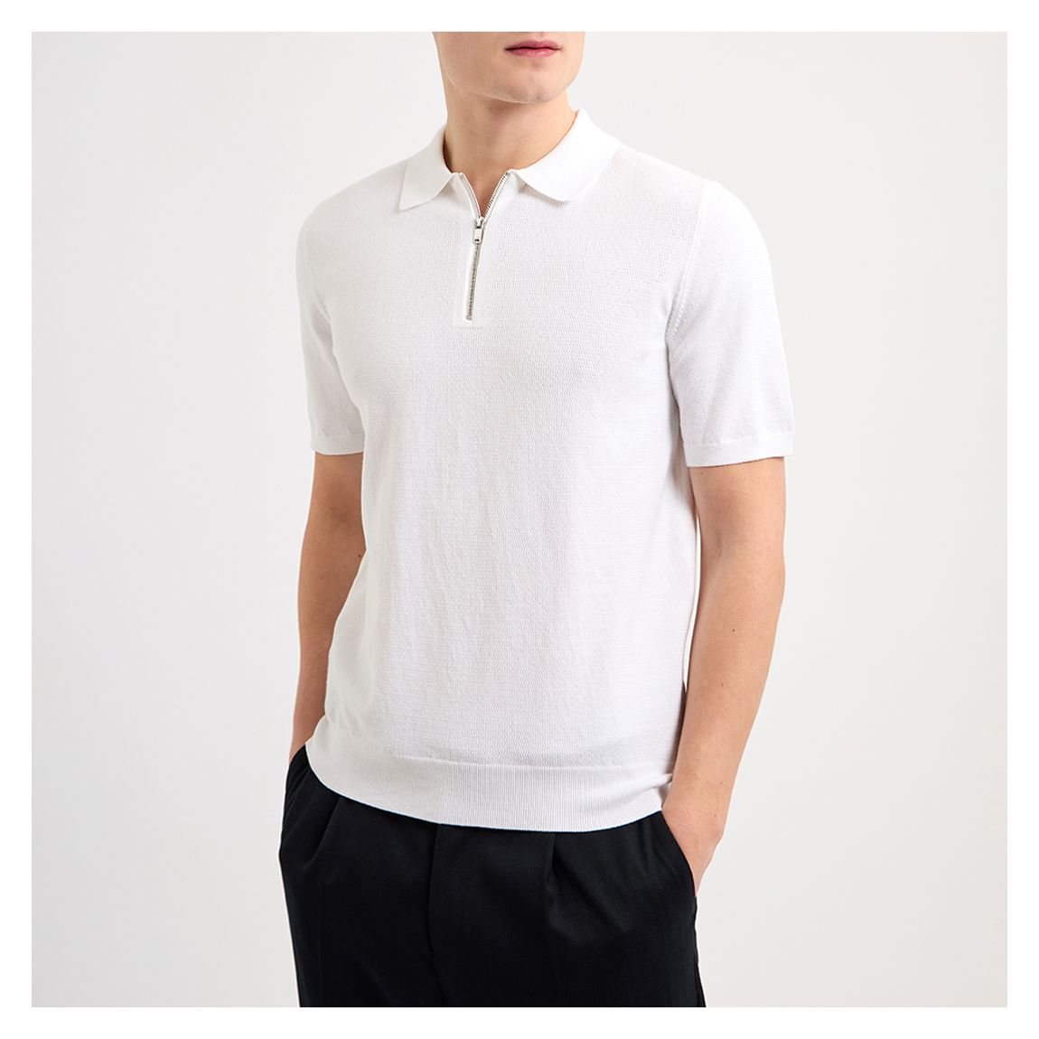 White Fizz Textured Zip Neck Polo Top main product photo