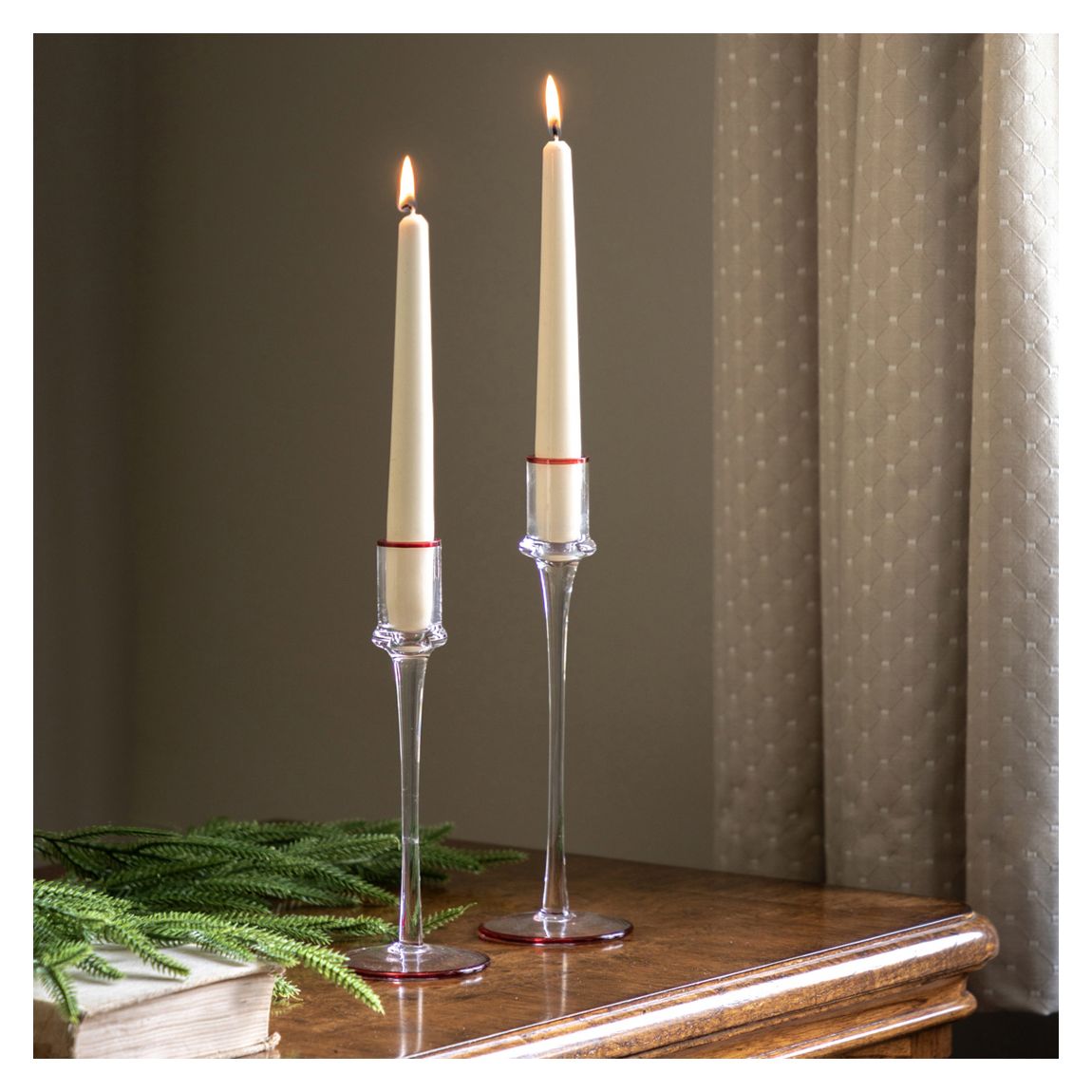 Set of 2 Red Rim Glass Candle Stick main product photo