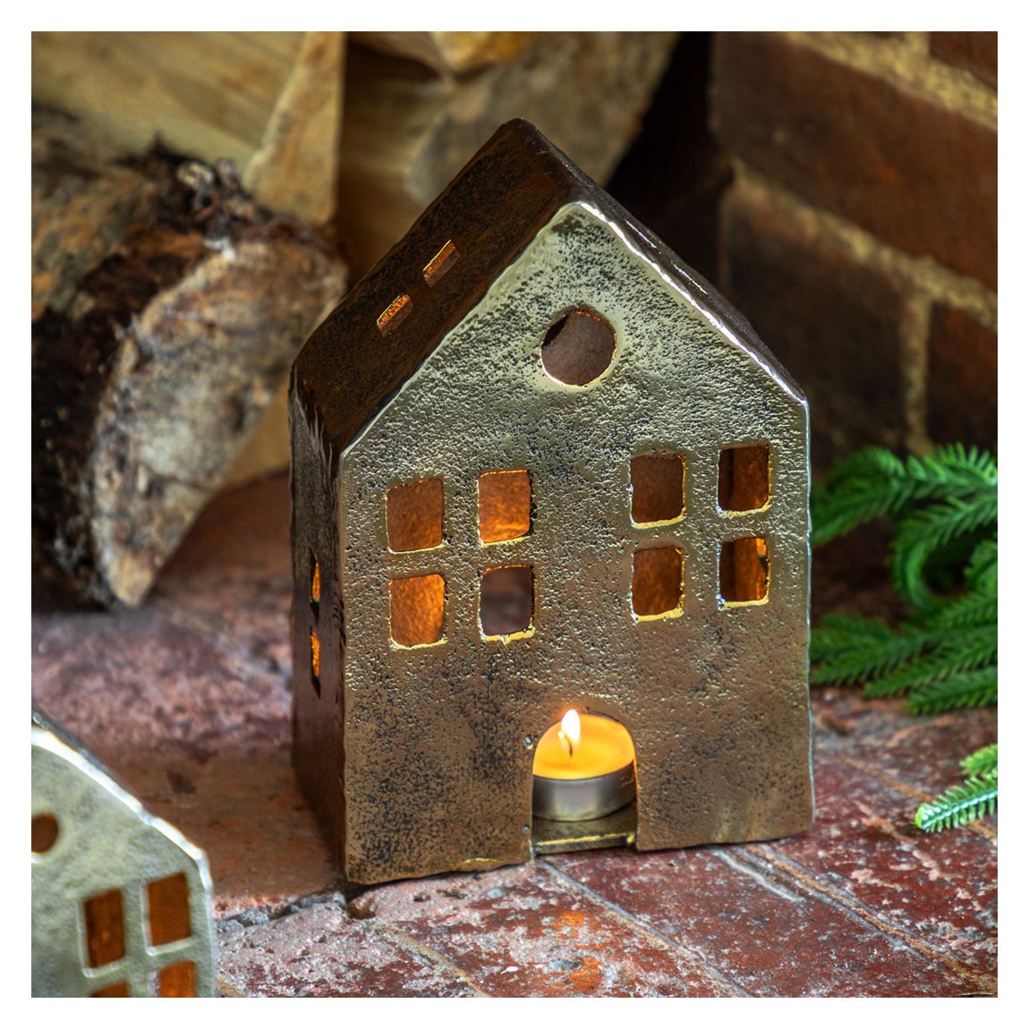House Tealight Holder, Antique Gold main product photo