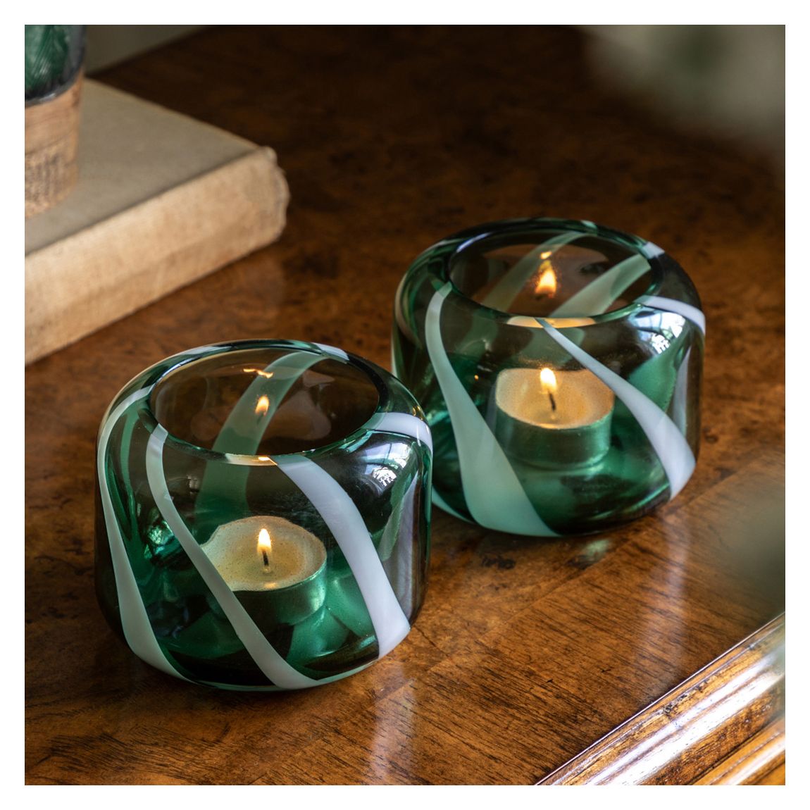 Set of 2 Candy Stripe Tealight Holder, Green main product photo