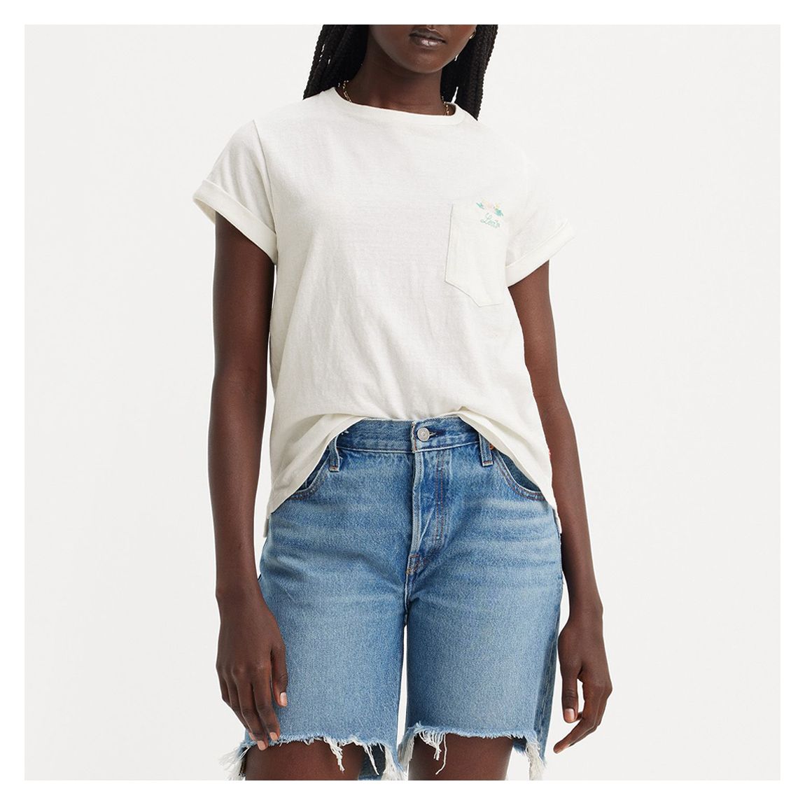 White Margot Embroidered Pocket Cotton T-Shirt main product photo