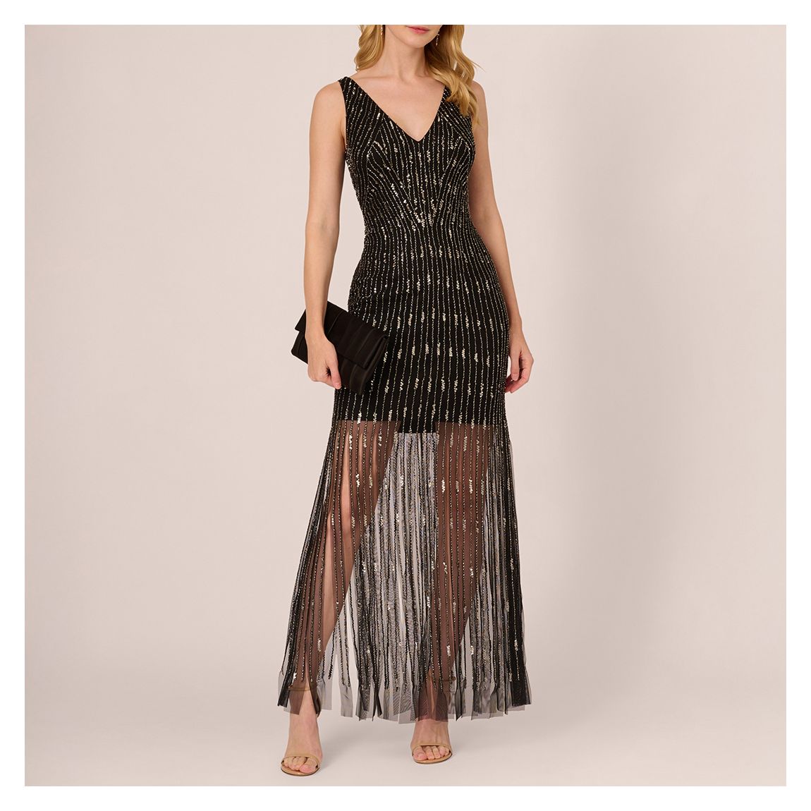 Black Fringe Metallic Sequin Maxi Dress main product photo