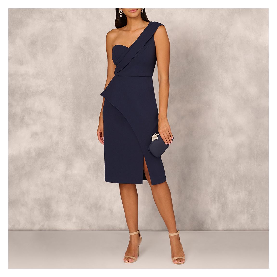 Navy One Shoulder Crepe Midi Dress main product photo
