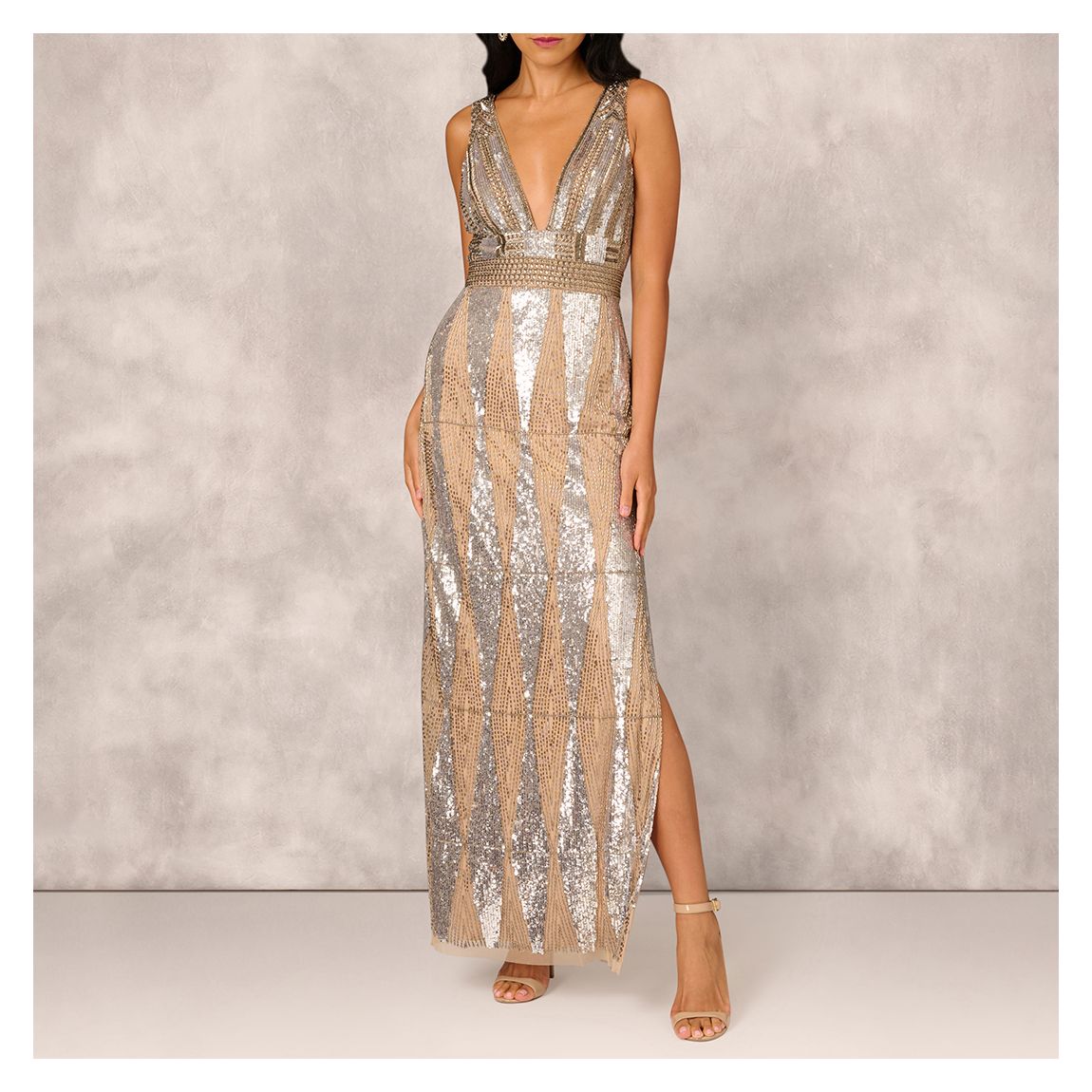 Silver/Gold Fully Beaded V-Neck Long Dress main product photo